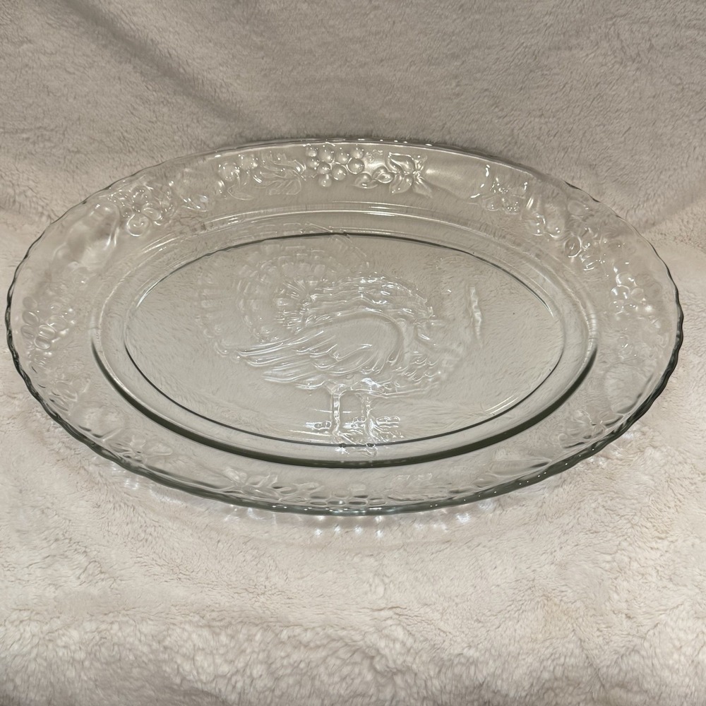 VTG Pilgrim Glass 17.75" Thanksgiving Turkey Serving Platter Embossed EXCELLENT